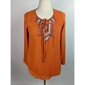 Nurture Apricot Blouse Embellished Beaded Size Small Billow Sleeves Front Tie